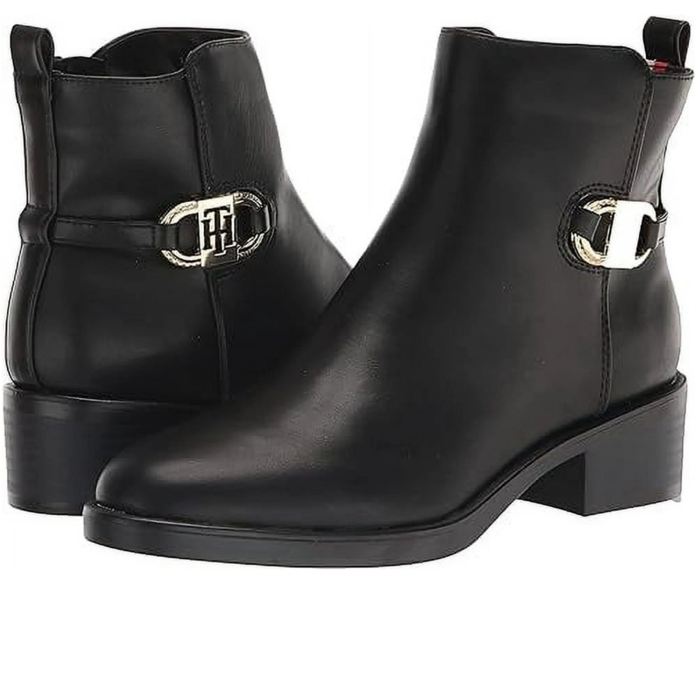 Tommy Hilfiger Black Faux Leather Ankle Booties with Gold-Tone Logo Accent